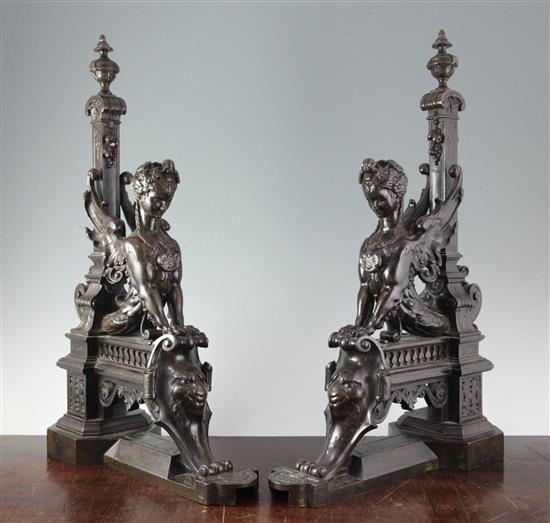 A pair of 18th century bronze andirons, H.22in.